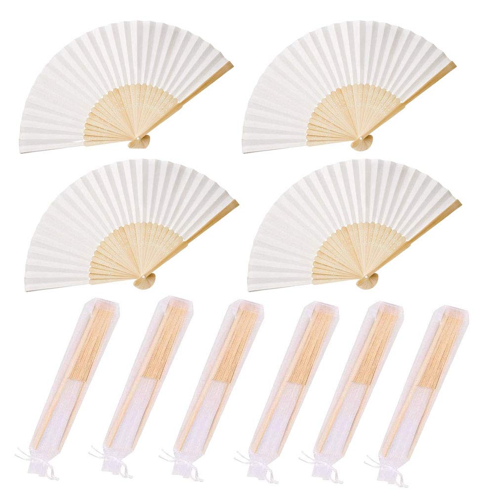 Dproptel Hand Fan Pocket Paper Fan 10 Compartments with Gift Bags Wedding Party Guest Favour Wedding Decoration (White)