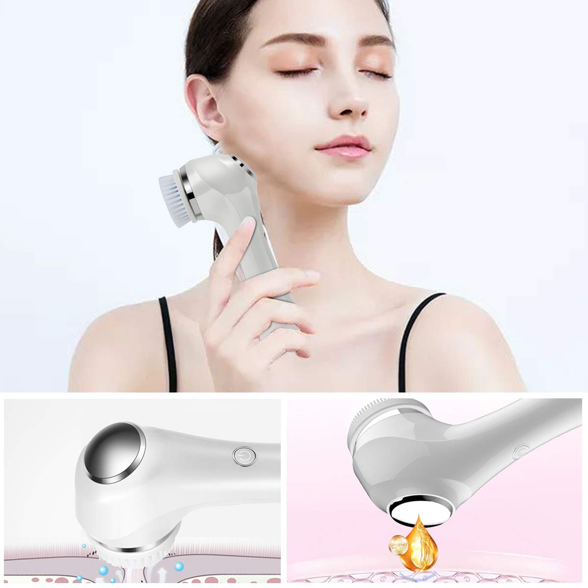 Facial Cleansing Brush, EMS & Ion Technology Dual Functional Pro Face Massage, Waterproof Face Spin Brush with 6 Brush Heads for Deep Cleansing, Gentle Exfoliating, Removing Blackhead: Beauty
