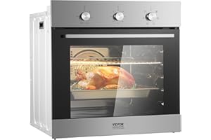 VEVOR Single Wall Oven, 2.68 Cu.Ft Electric Wall Ovens with Timer, 24" Built-in Electric Wall Oven with 6 Cooking Functions, Mechanical Knob Control Convection Wall Oven with Baking Rack and Tray