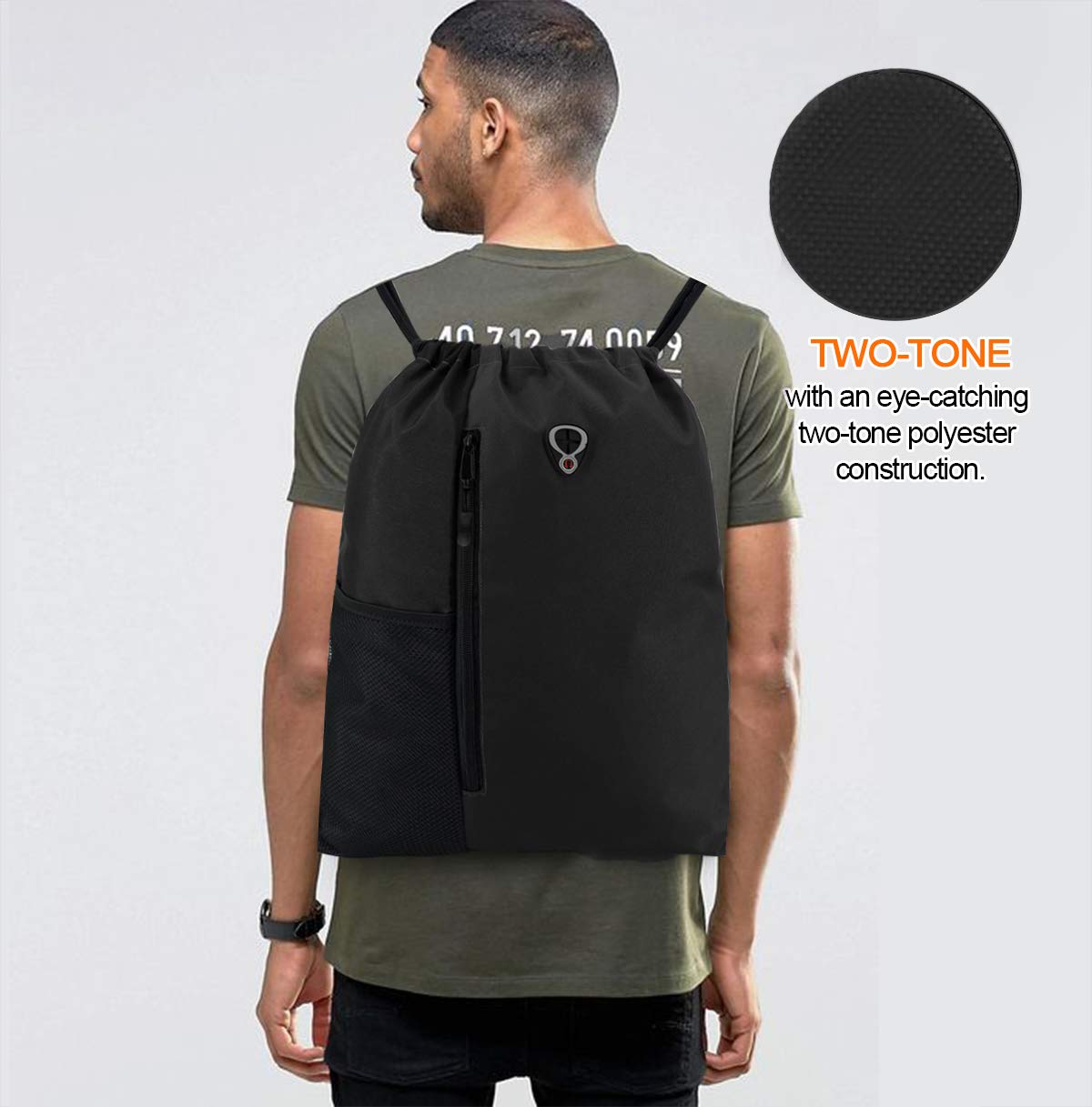 BeeGreen Black Drawstring Backpack Gym Bag For Men Women String Sports Backpack With Water Bottle Mesh Pockets And 2 Zippered Pocket Large Cinch Sackpack Workout Bag 16