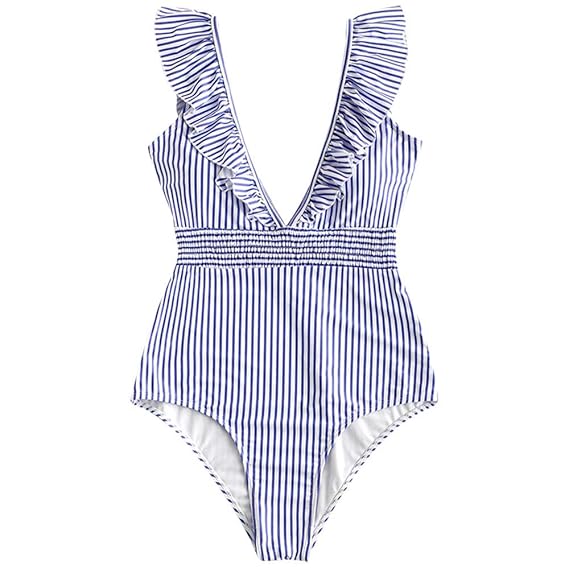 blue and white striped ruffle one piece swimsuit