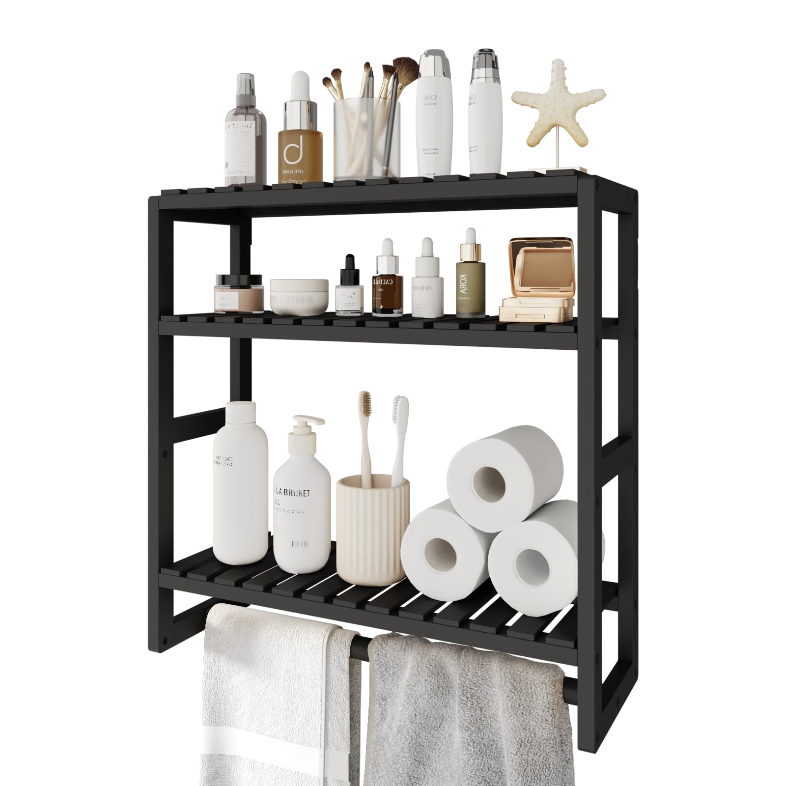 Bamworld Bathroom Shelf Storage Adjustable Bamboo shelf 3-Tiered Over Toilet Rack Bathroom Organizer for Space-Saving Wall Mount Stand Used in the Living Room (Black)