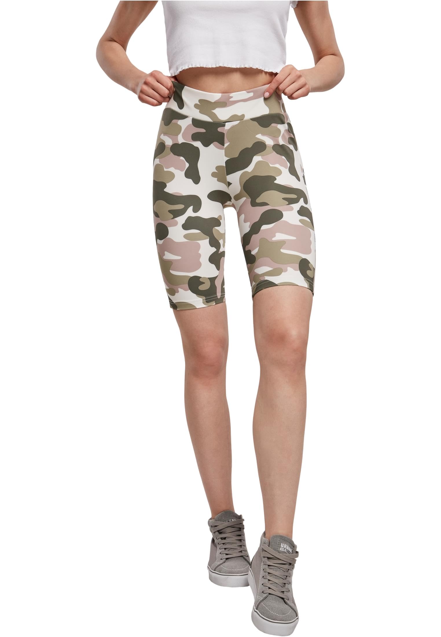 Urban Classics Women's Cycling Shorts Ladies High Waist Camo Tech Cycle Shorts Knee Length Leggings for Women Sizes XS - 5XL, Duskrose Camo, XS