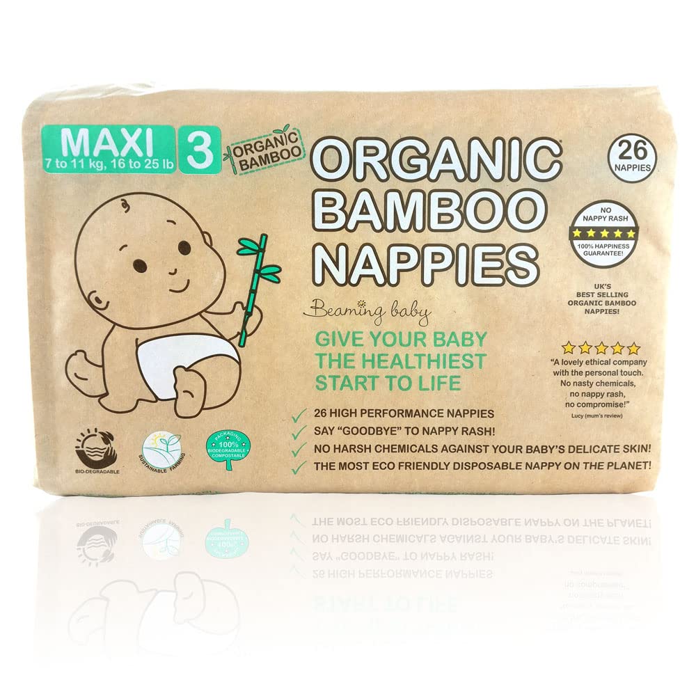 Beaming Baby Organic Bamboo Nappies Size 3, Maxi, 1 Pack of 26 Bamboo Eco Nappies. Eco Friendly Bamboo Diapers for Your Beautiful Baby 3 to 9 Months