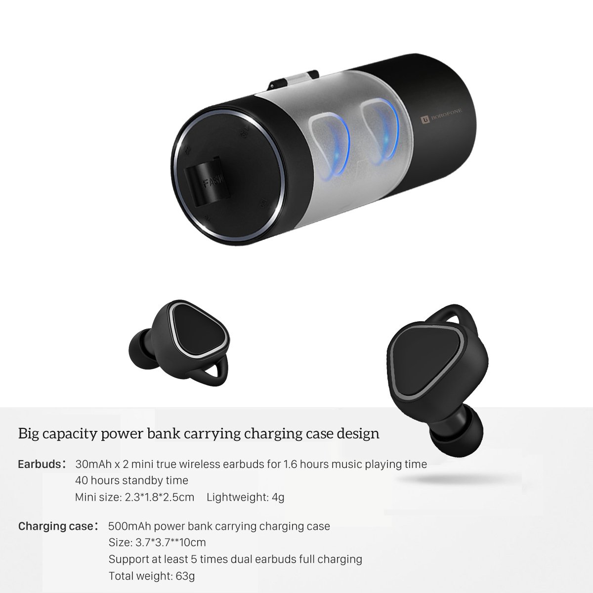 True Wireless Earbuds,BOROFONE Bluetooth Headphones with Charging Box Noise Cancelling Sweatproof Mini Bluetooth Headphones for IPhone Smartphones Laptop,Premium Sound for Running Sport