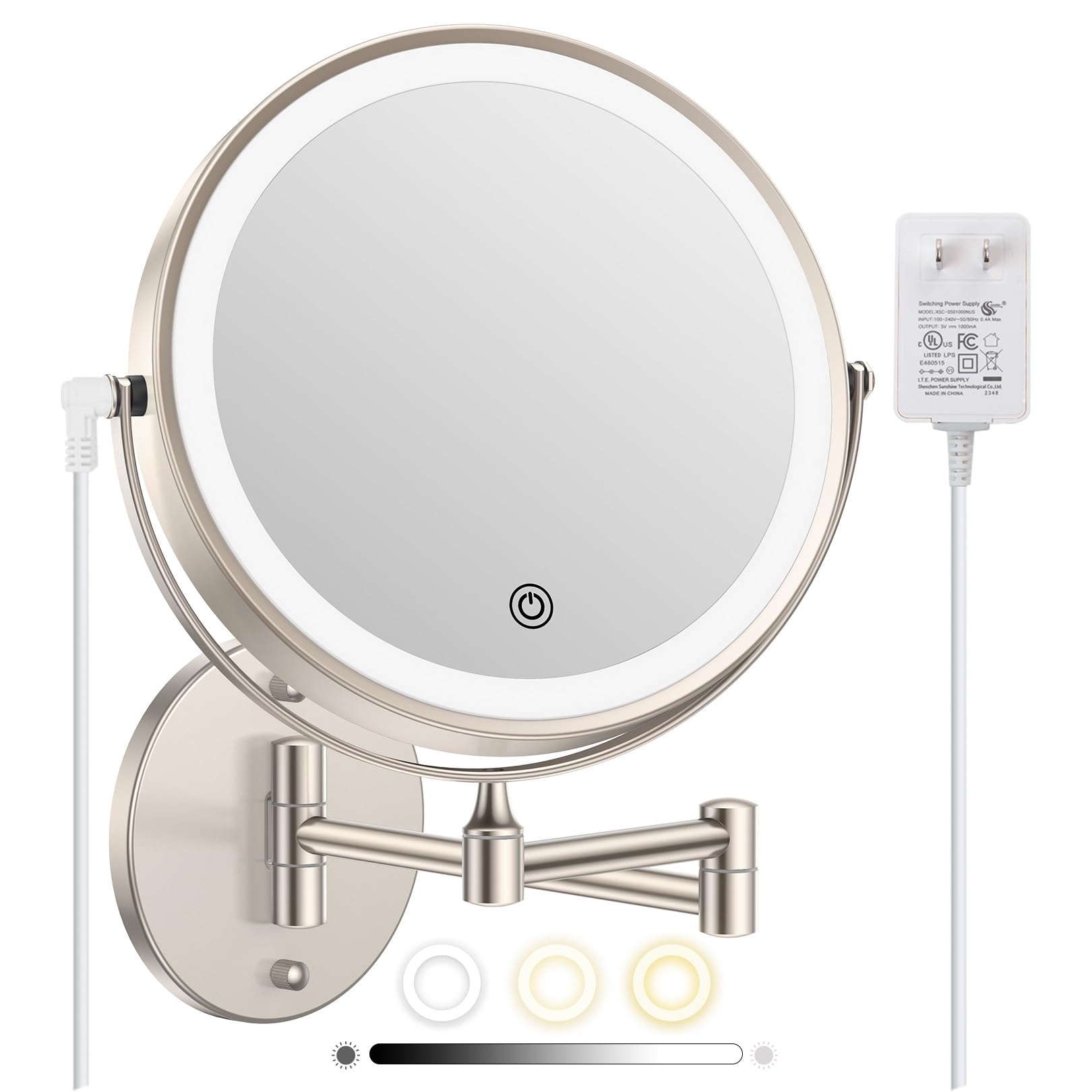 Photo 1 of FASCINATE Rechargeable Wall Mounted Makeup Mirror with Lights and Magnification, 8 Inch Double Sided 1X 10X Magnifying Bathroom Mirror with 3 Color Lights & 360° Rotation Vanity Mirror - Nickel