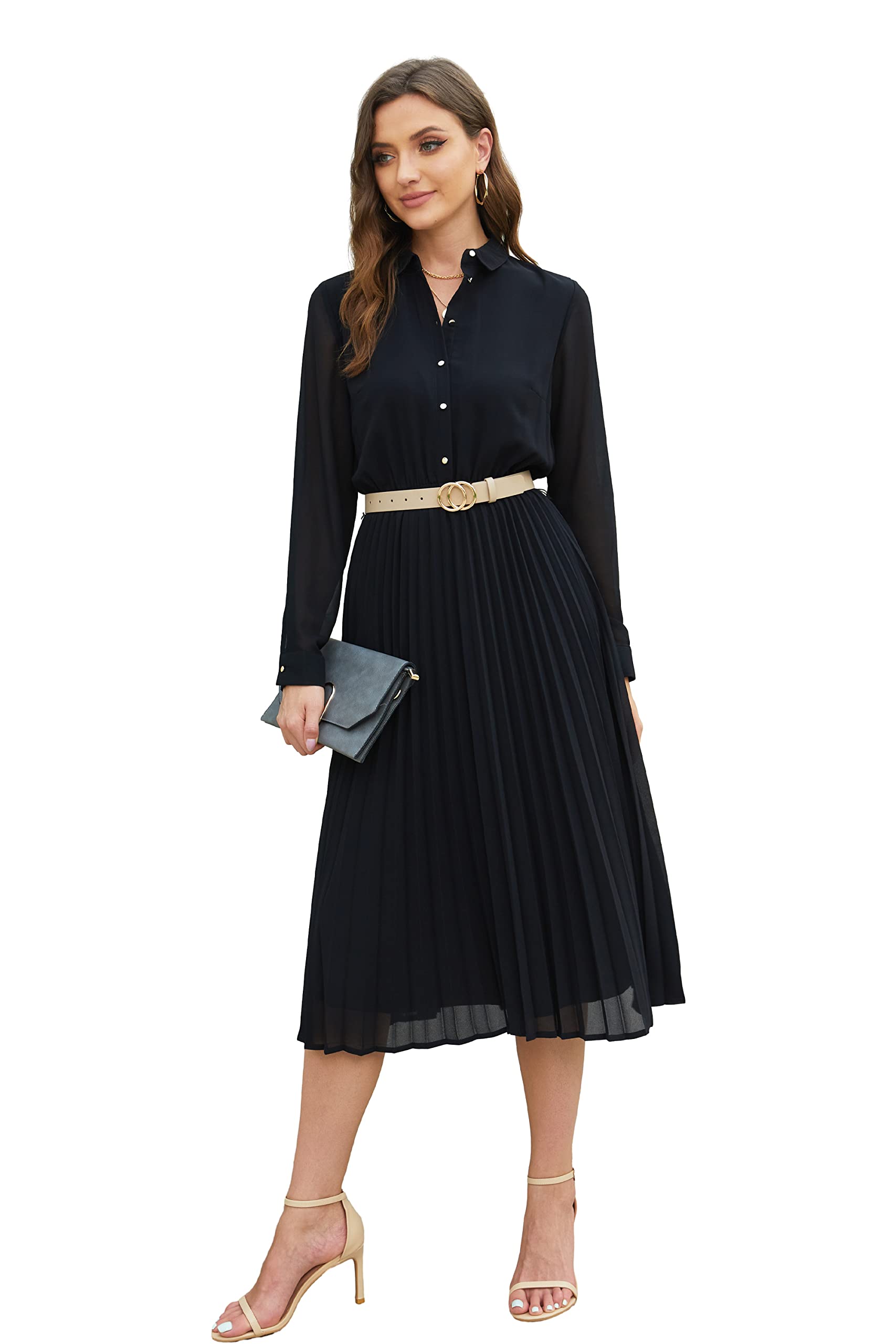 Photo 1 of AbleTree Business Casual Shirt Dress for Women Long Sleeves Pleated Midi Dresses with Belt Black