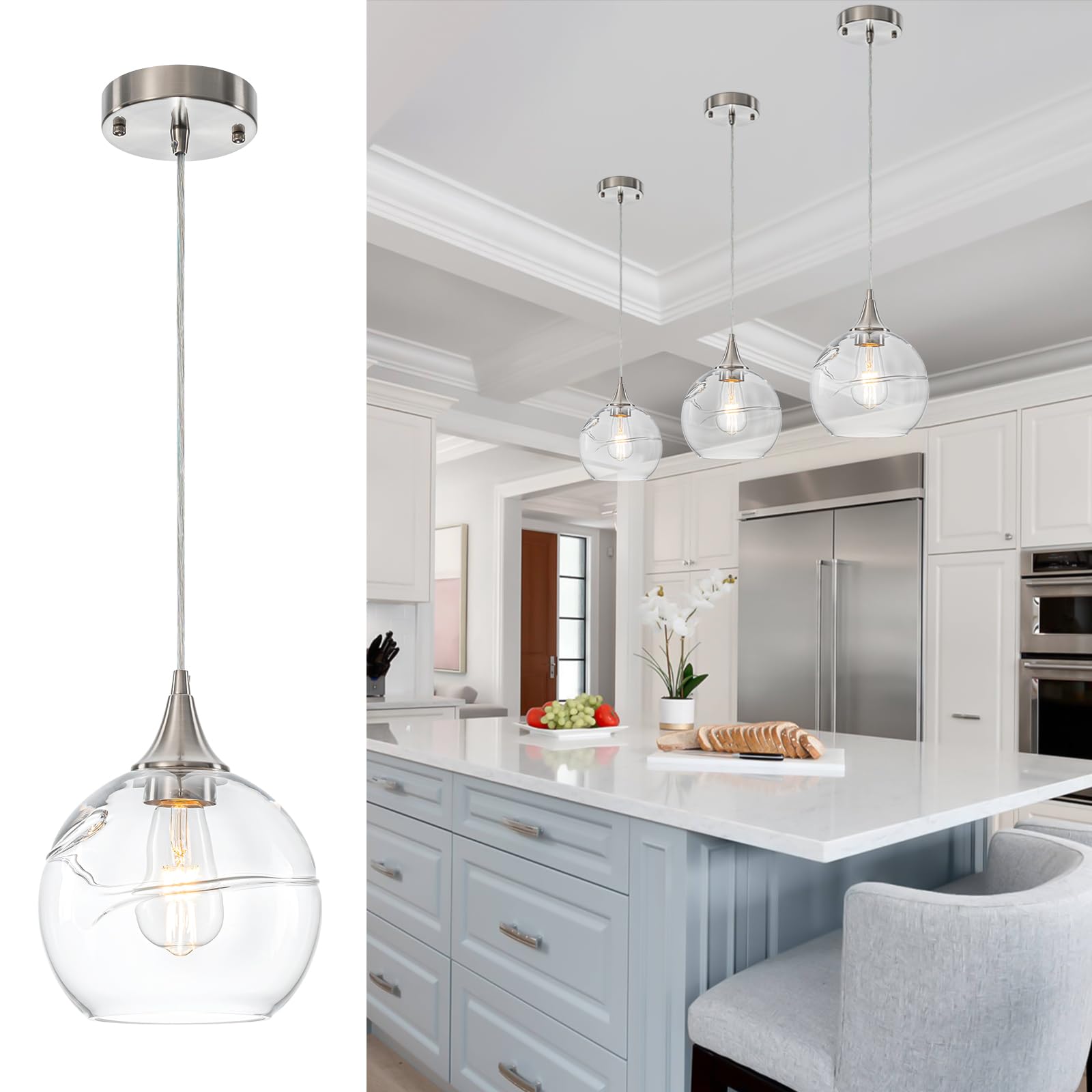 Photo 1 of WILON 7.8'' Clear Glass Globe Hanging Light, 1-Light Globe Pendant Light Modern Ceiling Hanging Lights for Living Room Kitchen Island