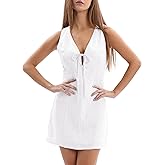 Amazhiyu Womens 100% Linen Summer V Neck Tie Front Sleeveless Mini Tank Dress