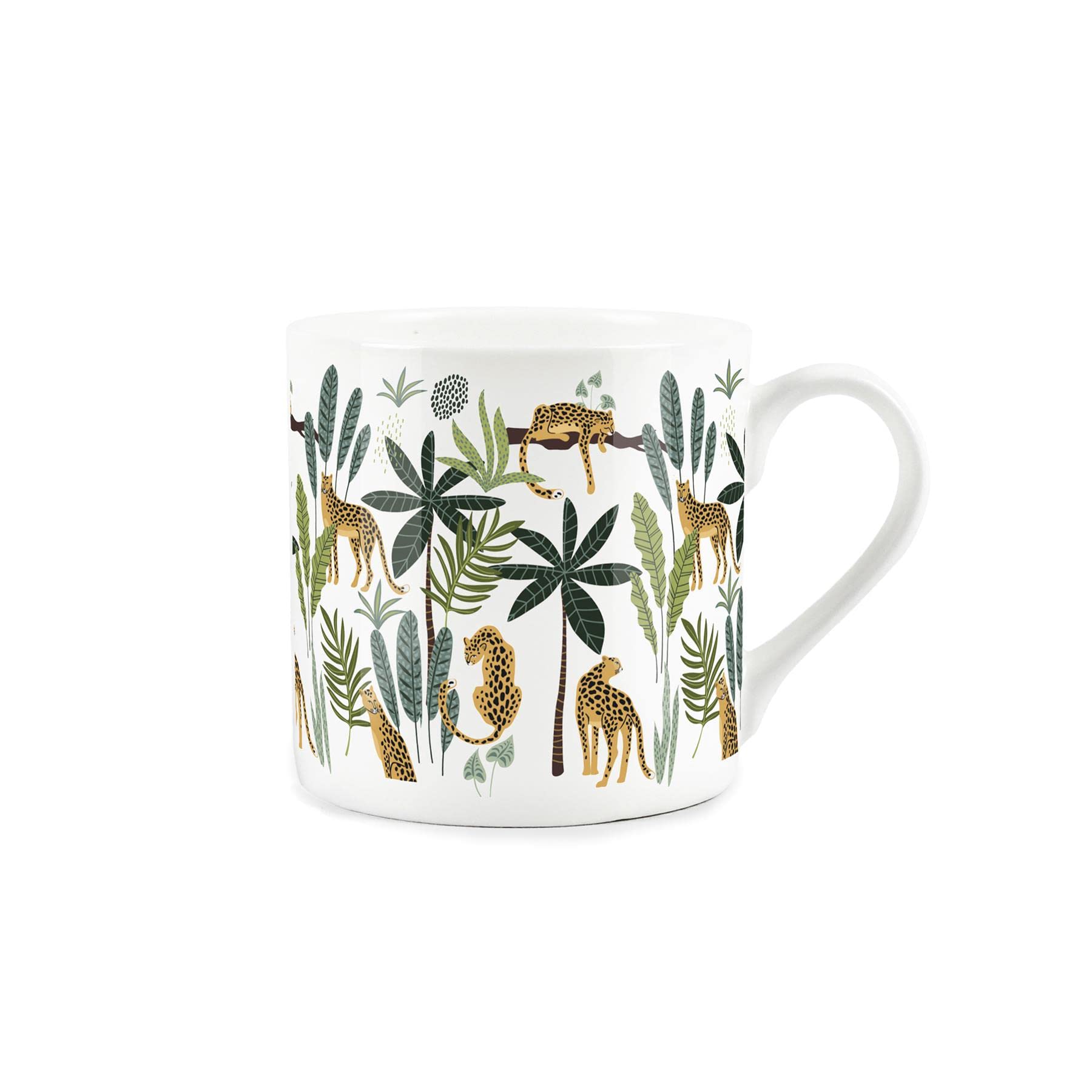 Purely Home Exotic Jungle Leopards with Tropical Trees & Leaves - Fine Bone China White Mug Coffee/Tea Present Gift for Animal Lovers
