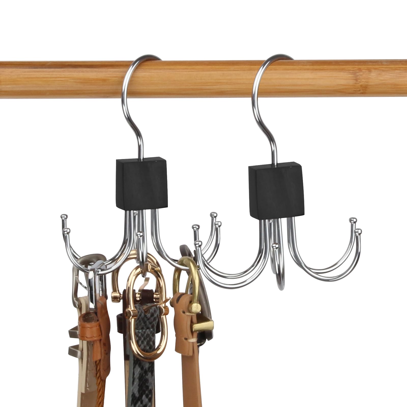 LMSAWK 2 Pieces Belt Hanger For Closet, Hanging Holder Storage Hook for Belt, Rotatable Belt Rack Closet Accessories, for Socks, Belt, Gloves, 6 Hooks, Black
