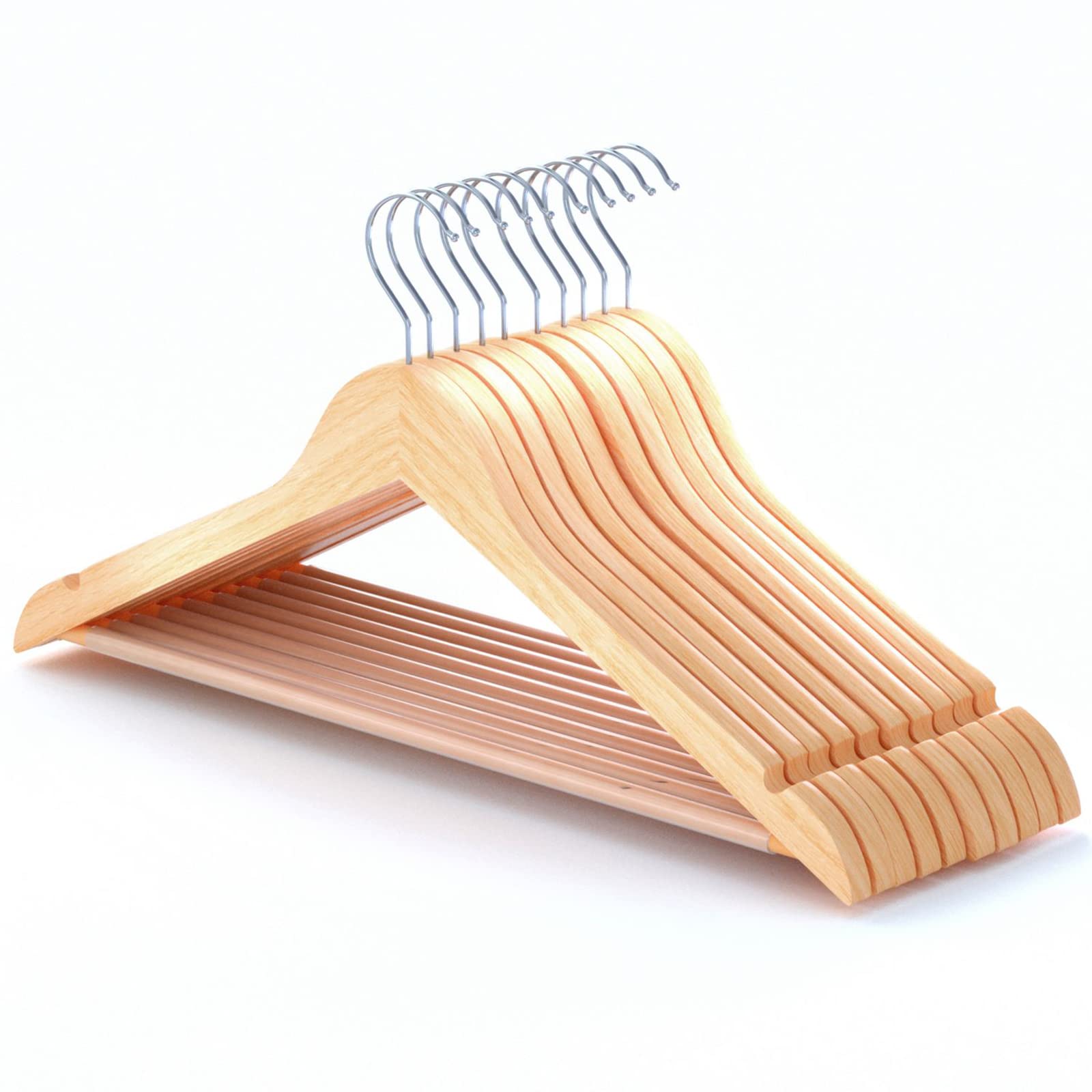 HANGERWORLD Box of 10 Wooden 45cm Coat Clothes Garment Hangers with Non Slip Trouser Bar (Natural)