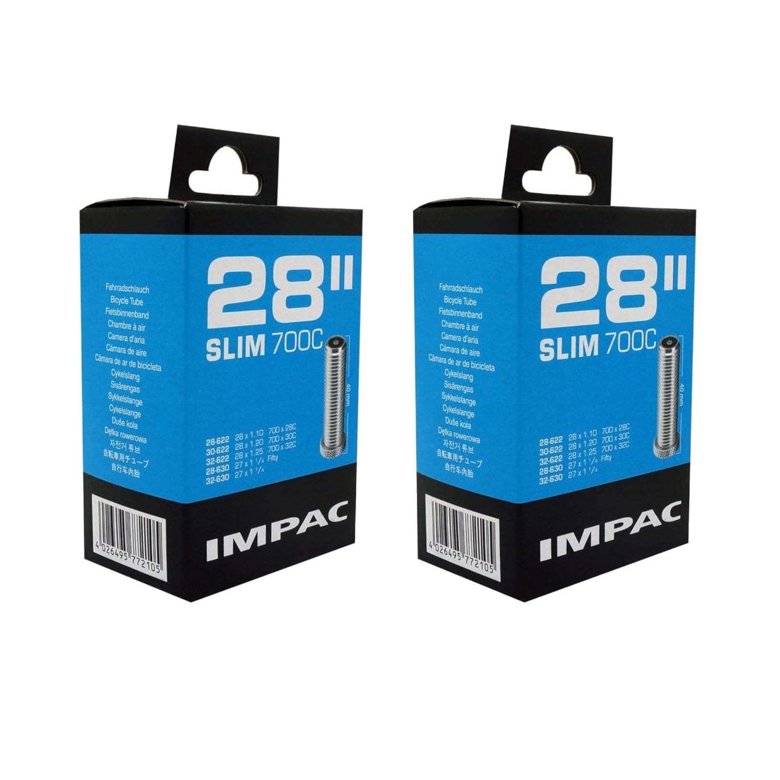 Impac 2pk Cycle Tubes 28" SLIM Schrader Valve - 28x1.10, 28x1.20, 28x1.25, 27x1 1/4, 700x28c, 700x30c, 700x32c, 28-622, 30-622, 32-622, 28-630, 32-630, 700c