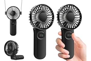 VANSMAGO [2-packs Portable Handheld Fan] Personal Hand Held Fan for Travel, Foldable Eyelash Neck Fan with Digital Display, Lanyard, 5 Speeds, 180° Adjustable, 3-12h Working Time, Rechargeable Battery Operated