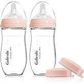 Gulicola Natural Glass Baby Bottle for Breastfed Babies, Anti-Colic Baby Bottle Set with Medium Flow Nipple, 3 Months +, 8 oz, 2 Pack - Pink