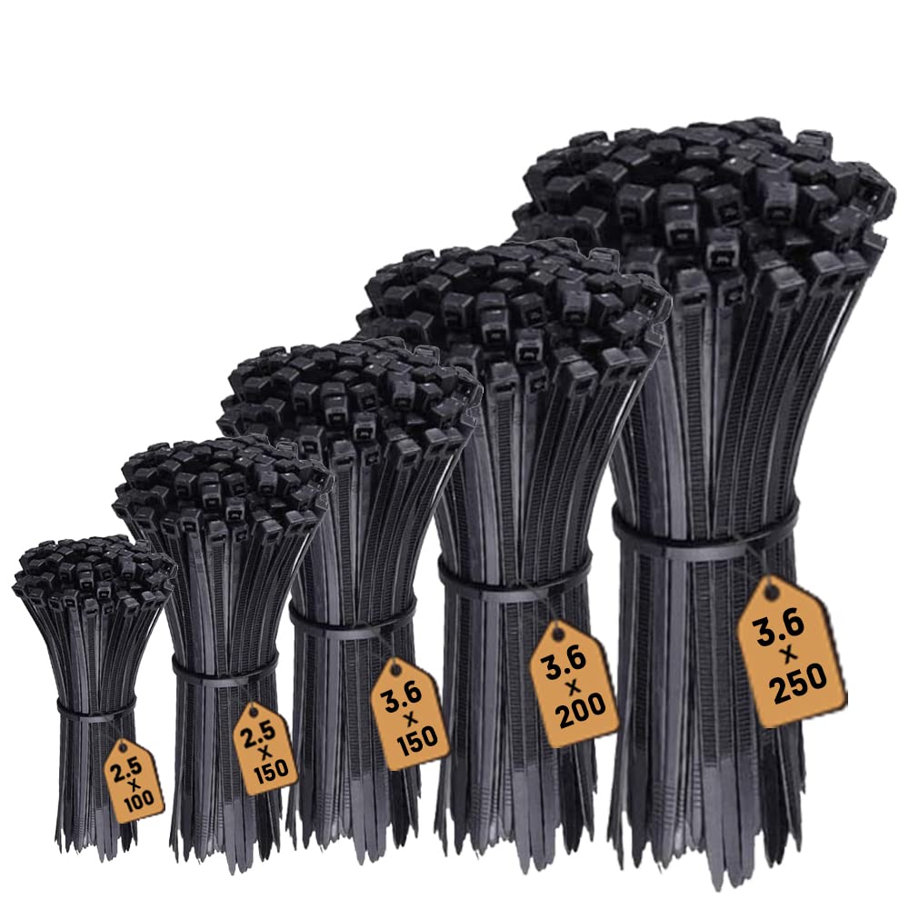 Hashtnagar 500 Pack Cable Ties Black, Heavy Duty Zip Ties Long Small tie Wraps (100mm x 2.5, 150mm x 2.5, 150mm x 3.6, 200mm x 3.6, 250mm x 3.6) Self Locking Nylon Plastic Ties for Garden Home Garage