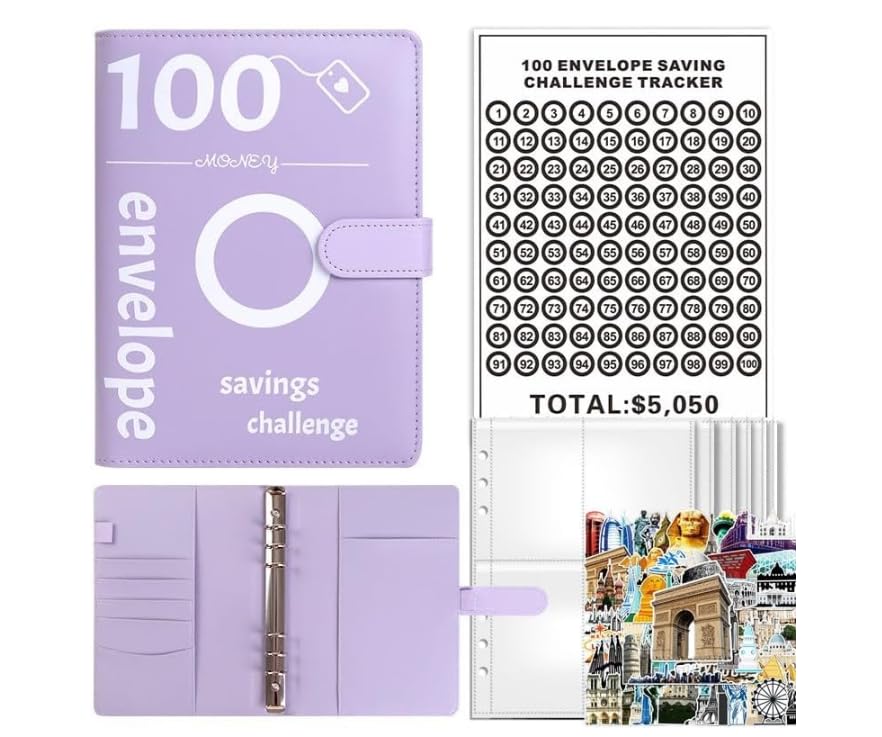 100 Envelopes Saving Challenge,Savings Book with Cash Envelopes Fun Budget Challenges for Money Easy Budget Binder Organizer for Couples Offices Home School (Purple, Travel)