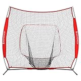 SONGMICS 7' x 7' Baseball Net, Portable Softball Net, with Carry Bag, Ground Stakes, for Hitting and Batting Practice, Red, USBN77RD