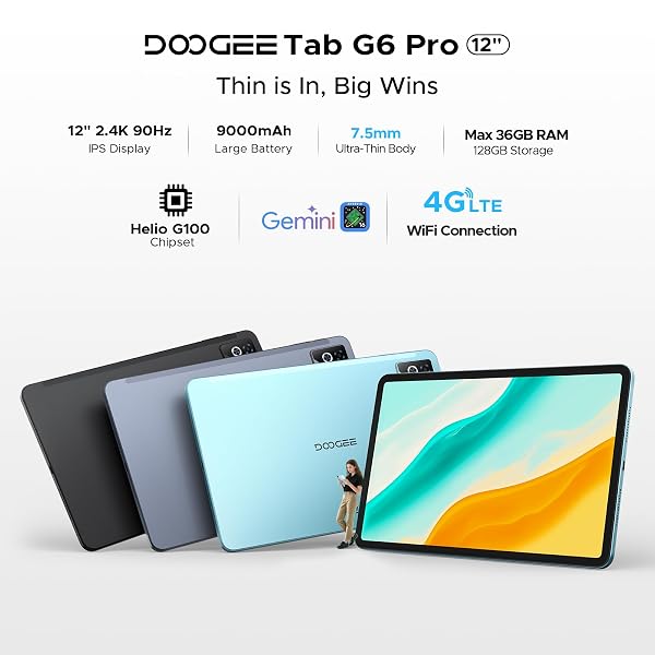 DOOGEE TAB G6 PRO TABLET 12 INCH, ANDROID 16 TABLETS, 90HZ 2.4K 36GB RAM+128GB ROM/TF 2TB, HELIO G100 OCTA-CORE GAMING TABLET, 4G LTE/5G WIFI/9000MAH/GEMINI AI/13MP+8MP/OTG/FACE ID/DUAL SPEAKERS