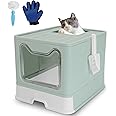 ROCCS Foldable Cat Litter Box with Lid,No Smell Large Top Entry Litter Box with Cat Litter Scoop,Covered Drawer Type Kitty Potty,Including Fur Brush & Cleaning Glove,Blue 20" x 16" x 15"