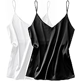 Ekouaer Satin Tank Tops for Women Silk Camisole Tops 2 Pack V Neck Spaghetti Strap Blouse Soft Dressy Camisole