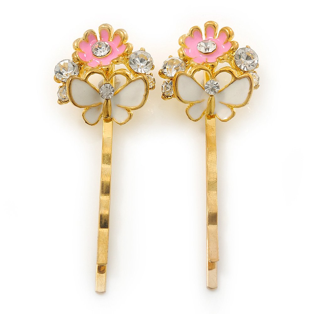 2 Enamel Crystal 'Flower & Butterfly' Hair Grips/Slides In Gold Plating - 50mm Across