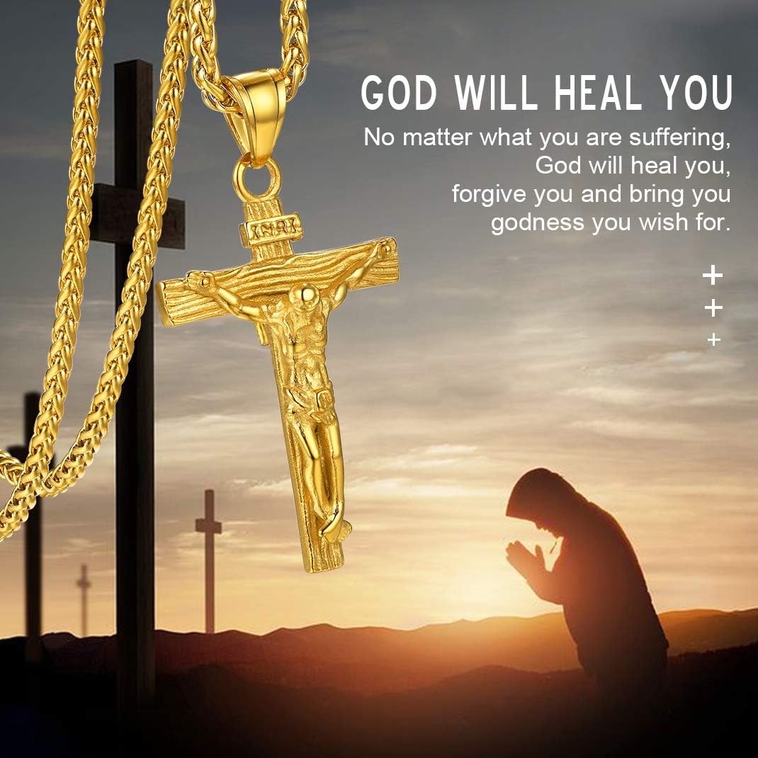GOLDCHIC JEWELRY Gold Crucifix Necklace for Men Women Jesus Cross Pendant INRI with Gold Chain, Gold INRI Cross, 55 - Image 3