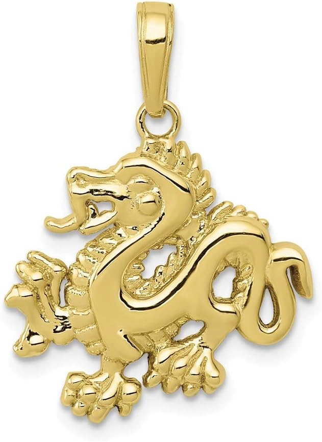 10K Yellow Gold Charm Necklace Pendant with 18" Length Chain, Small Dragon High Polish, 2-D