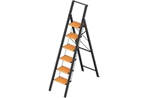 PLEDDANIO 6 Step Ladder, Folding Step Stool with Convenient Handgrip for Home,Office,Kitchen, Black Frame Wood Grain Lightweight Aluminum Step Stool with Anti-Slip Sturdy Pedal,300 lbs Capacity