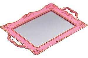 Tstarer Antique Decorative Pink Framed Square Mirror Tray, Jewelry & Cosmetics Organizer for Dresser, Square - 9.5" x 14.5"(Pink)