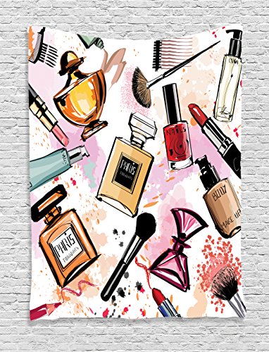 Girly Decor Tapestry Wall Hanging by Ambesonne, Cosmetic and Make Up Theme Pattern with Perfume and Lipstick Nail Polish Brush Modern City Lady, Bedroom Living Room Dorm Decor, 60 x 80 Inches, Multi
