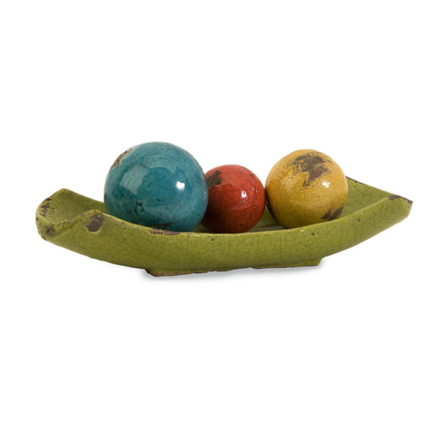 Set of 3 Multi Colored Decorative Ceramic Balls in a Lime Green Tray 16