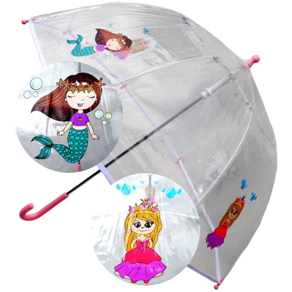 COLLAR AND CUFFS LONDONCool Mermaids and Princesses Dome Kids Umbrella - Strong Windproof Panoramic Design - Fiberglass Ribs - Children Safe Tips - White Trim Canopy - Pink Handle and Tips - Clear