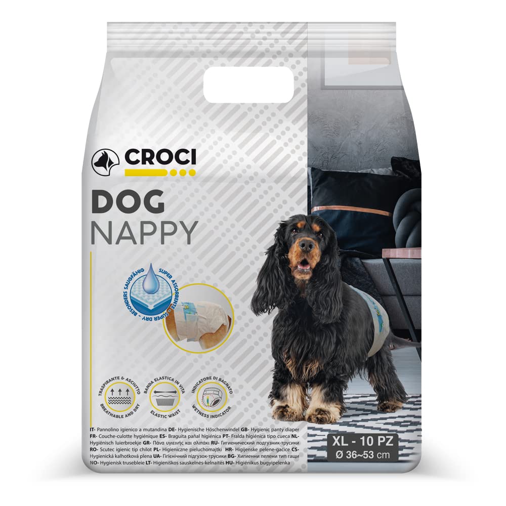 CANiAMiCi Croci Dog Nappy - Absorbent Pants for Female Dogs, Size XL - Ø 40-62 cm, Hygienic Diaper for Heat Cycle and Pee, Odour Control, Disposable, Adjustable Adhesive Closure, 10 pcs