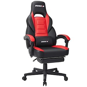 BOSSIN Gaming Chair High Back Racing Chair, Ergonomic Swivel Computer Chair Executive Leather Desk Chair with Footrest, Bucket Seat and Lumbar Support (Red)