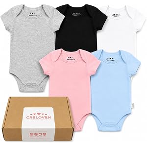 CRELOVEN 5-Pack Infant Bodysuits, 100% Cotton, Newborn Essentials, Baby Shower, Gender Reveal Gifts