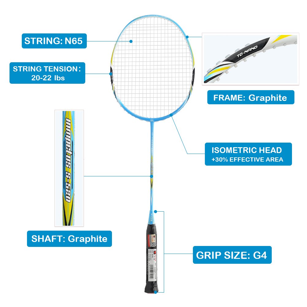 2 Grip Tape Included WHIZZ 2 PCS Full Graphite Badminton Racket Set for