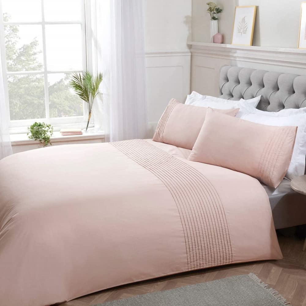 Sleepdown Pintuck Pleated Striped Panel Blush Pink Luxury Easy Care Soft Cosy Duvet Cover Quilt Bedding Set with Pillowcases - Blush Pink, Super King (220 cm x 260 cm)