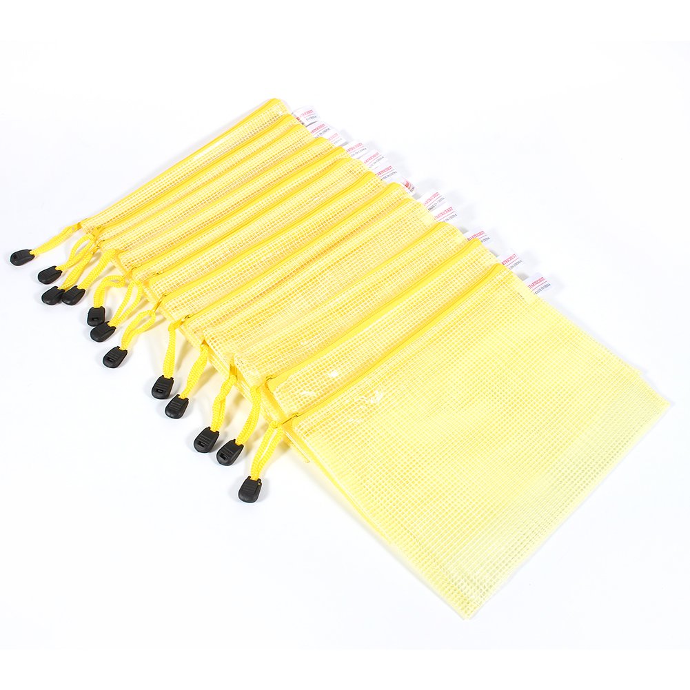 File Storage Zipper Bags Plastic A5 Document Folder Protective Sleeves 12Pcs Pen Bag (Yellow)
