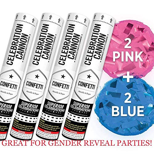 Baby Gender Reveal Confetti Launcher Cannon 4-Pack - Biodegradable Confetti (2 Pink and 2 Blue)