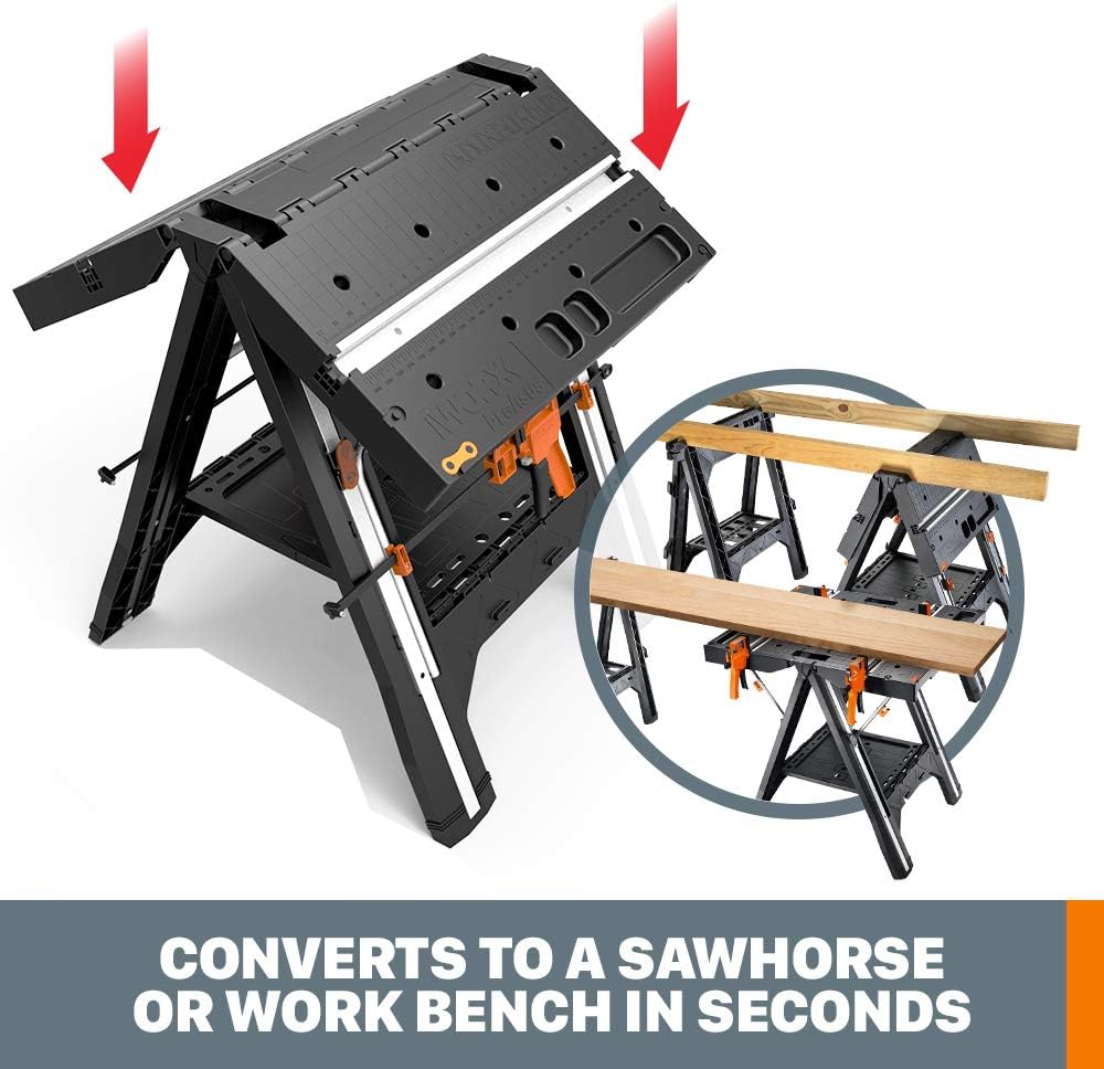 WORX Pegasus Multi-Function Work Table and Sawhorse with Quick Clamps and Holding Pegs – WX051: Home Improvement