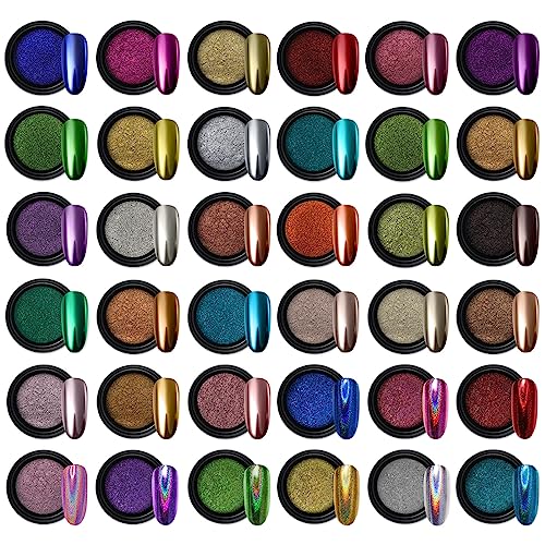Artdone 36 Jars Chrome Nail Powder Nail Art Fimo Decoration Metallic Mirror Effect Holographic Aurora Chameleon Pigment Powder 1g/Jar Pearl for Resin Craft & Nail Art
