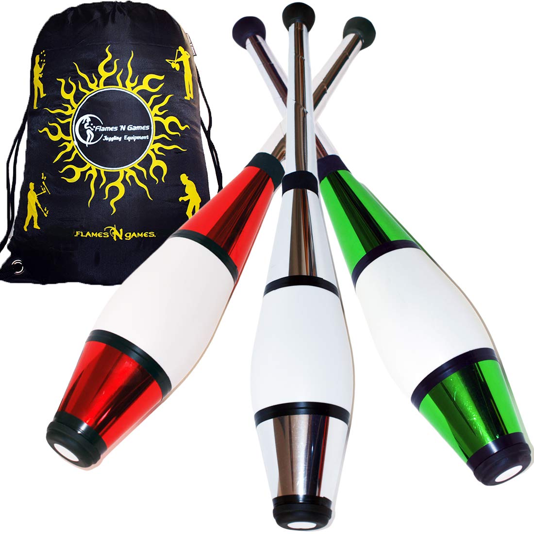 Juggle Dream EURO PRO Juggling Clubs Set of 3 (12 Colour Combos!) Metallic Deco Trainer Clubs + Flames N Games Travel Bag! Great Club Juggling Set For Beginners & Advanced Jugglers! (Red/Silver/Green)