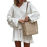 XBTCLXEBCO Linen Shorts Outfits Women 2 Piece Set Tie Front Long Sleeve Shirt and Ruffle Shorts Lounge Matching Set Tracksuit