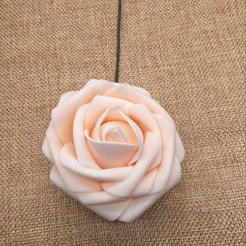 Lmeison Artificial Flower Rose 50pcs Real Looking Artificial Roses w/Stem for Bridal Wedding Bouquets Centerpieces Baby Shower DIY Party Home Décor,Champagne - Thumbnail 2