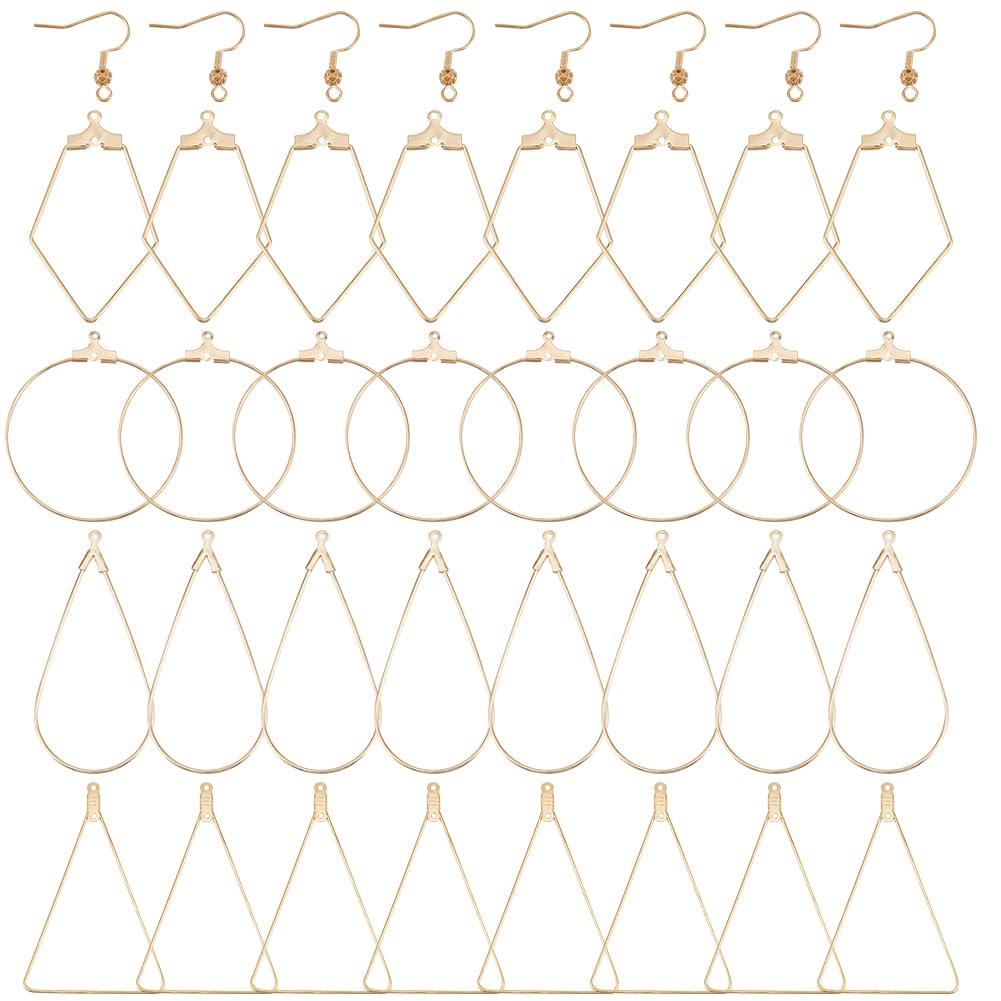 Beebeecraft 1 Box 32Pcs Hook Earrings Platinum 18K Gold Plated 32Pcs 4 Style Geometry Rhombus Triangle Teardrop Round Beading Hoop Earrings Findings for DIY Earring Jewellery Making