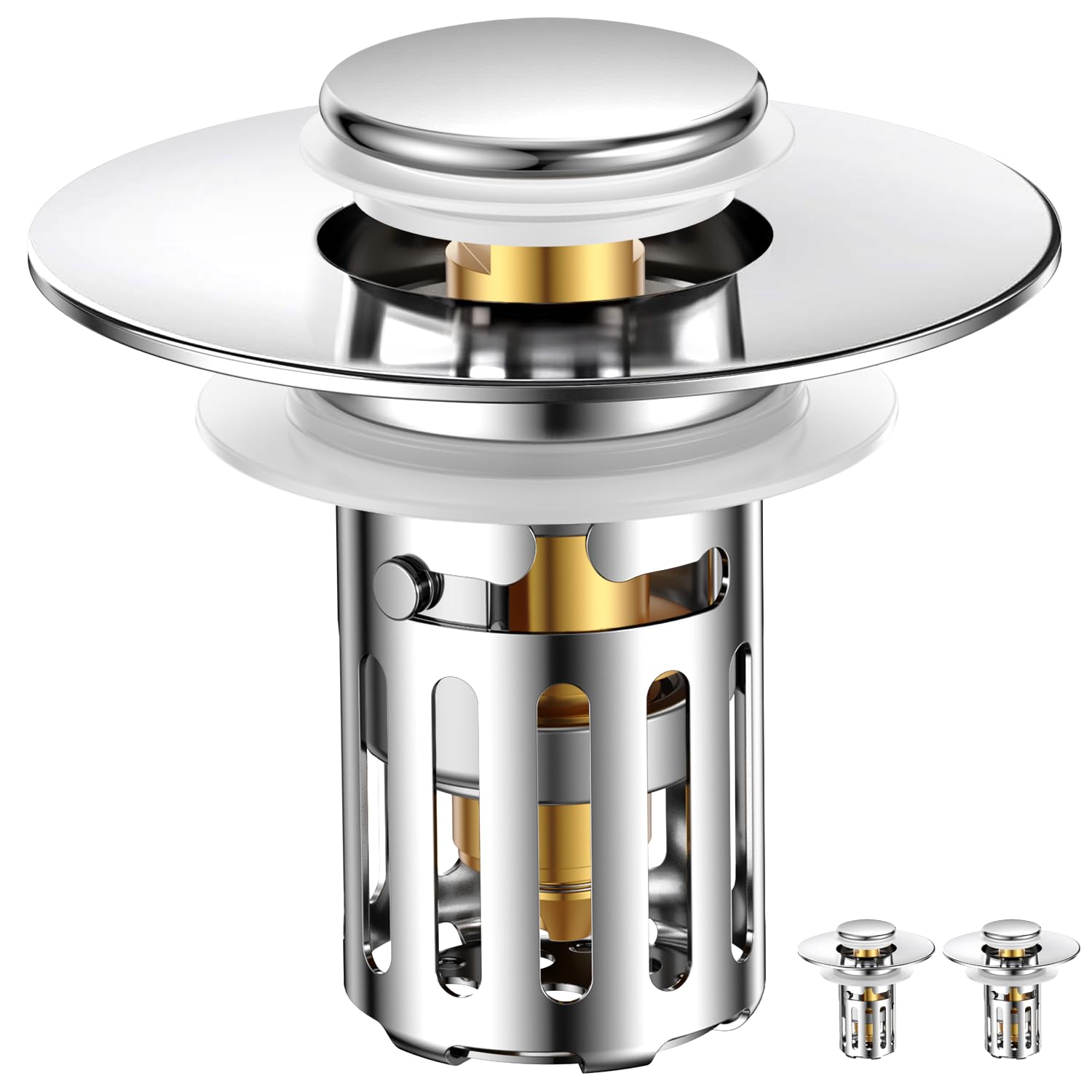 Photo 1 of (2 Pc) All Metal Bathroom Sink Stopper Fit 99% - 3 in 1 Universal Pop Up Sink Stopper with Removable Stainless Steel Filter Basket Hair Catcher - for 1.1'' to 2.36'' Basin - Brass Core, 7000+ Tested