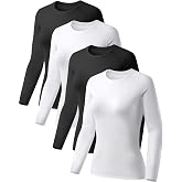 4 Pack Women's Compression Shirts Long Sleeve Workout Athletic Top | Moisture Wicking Quick Dry, Four-Way Stretch, Sun Protection, Opaque, Running Yoga Gym Bike, Crew Neck Underscrub Baselayer