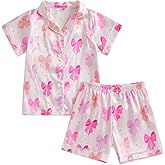 Kuriozud Toddler Girl Satin Pajamas Set Summer Short Sleeve Button Down Shirt Top and Shorts 2pcs Pjs Sets Sleepwear