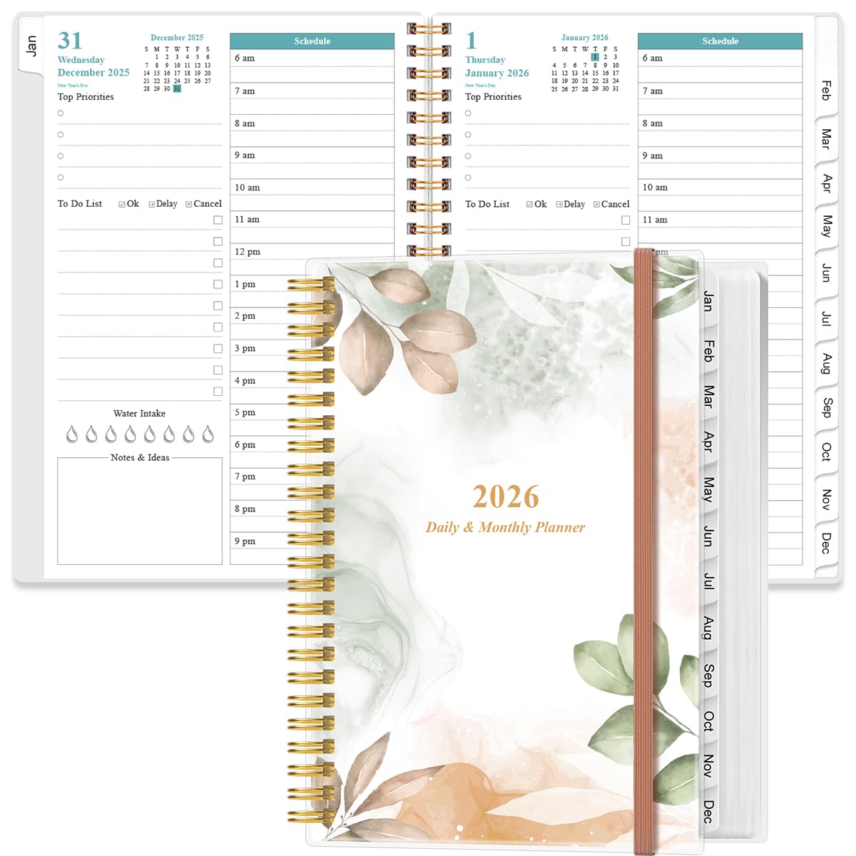 Photo 1 of 2026 Daily & Monthly Planner - One Page Per Day, Daily Planner 2026 from January 2026 to December 2026, Planner 2026 with 12 Monthly Tabs, 6.4" x 8.5", Rose Leaf